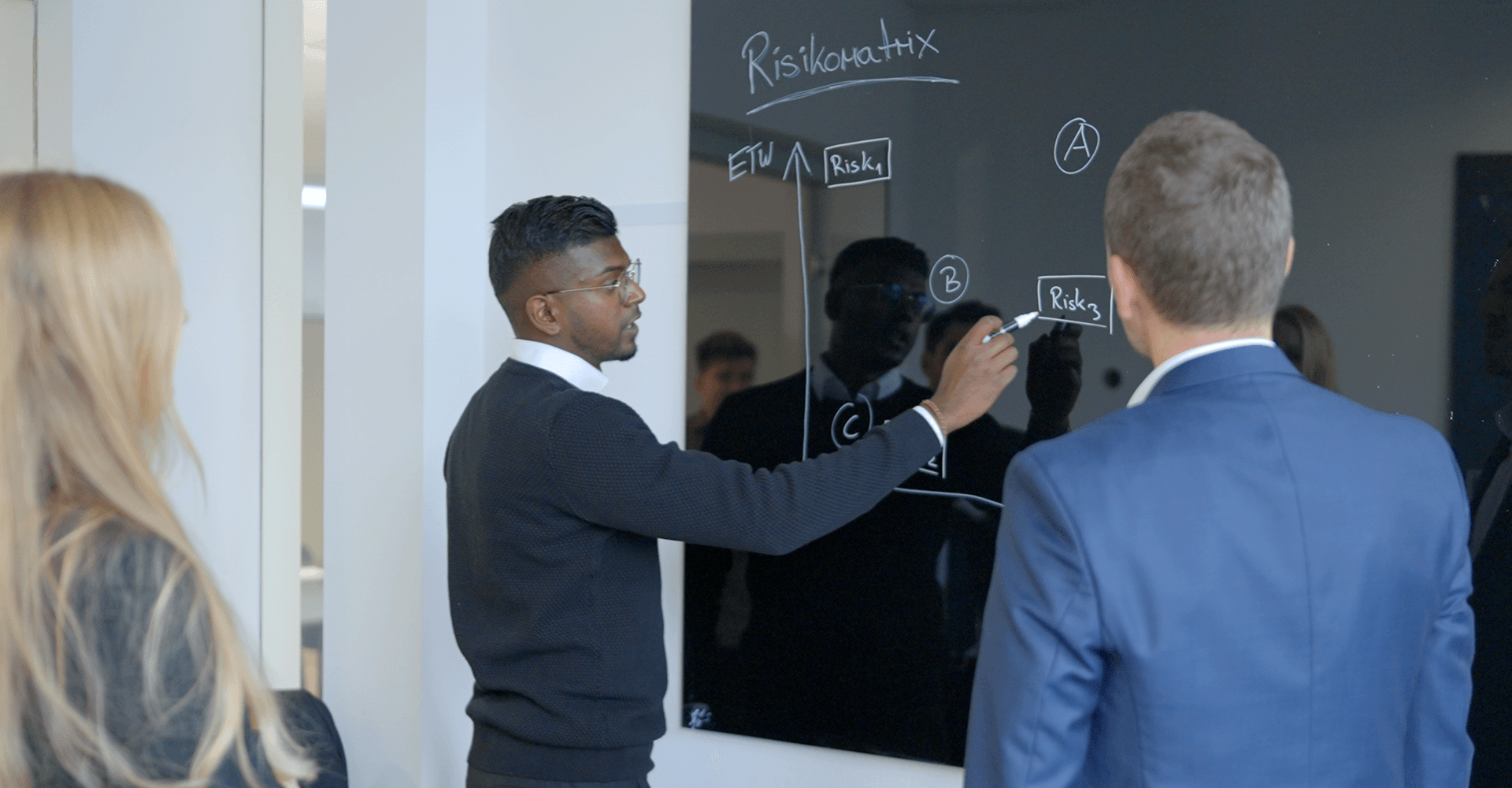 pec-portfolio-risikomanagement Ajurn Thirunavukkarasu erklärt die Risikomatrix an einem Smartboard.